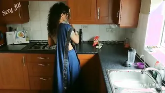 Blue saree d. blackmailed f. to strip, groped, m. and fucked by old grand f. desi chudai bollywood hindi sex video POV Indian
