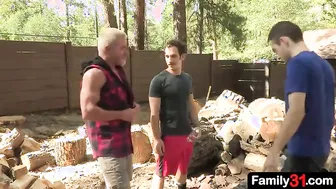 Three generations of family (sexy grandfather, naughty stepdad and cute stepson) line up with hard dicks for a hot fucked