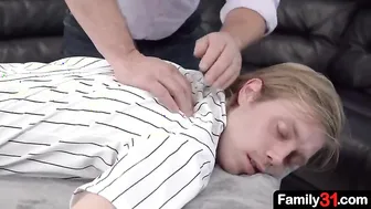 Pervy stepdad helps stepson unwind after a hard day at practice by offering him a sensual massage