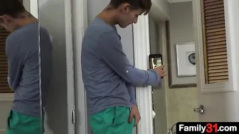 Young sexy stepson is in total awe of his beefy stepdad as he enters the house after his morning run