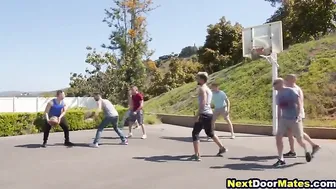 Athletic gay jocks fuck bareback after basketball game