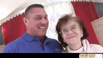 nasty old granny choking on his cock