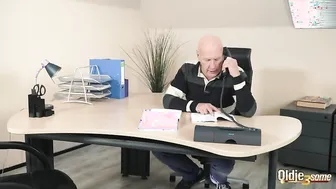 Old manager at the office fucks his two beautiful assistants tight pussy