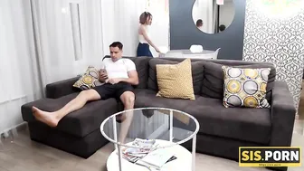 SIS.PORN. Perverted guy watches stepsister cleaning and offers her a break to be banged