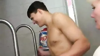 charming russian mother fu king with her son in bathroom