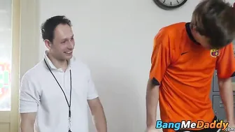 Yuri seducing his older gym teacher and swallowing his dick