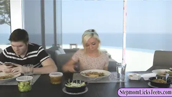 Busty mom and teen licking after dinner