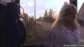 Blonde old granny rides young dick