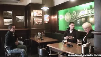 Boozed blonde granny threesome